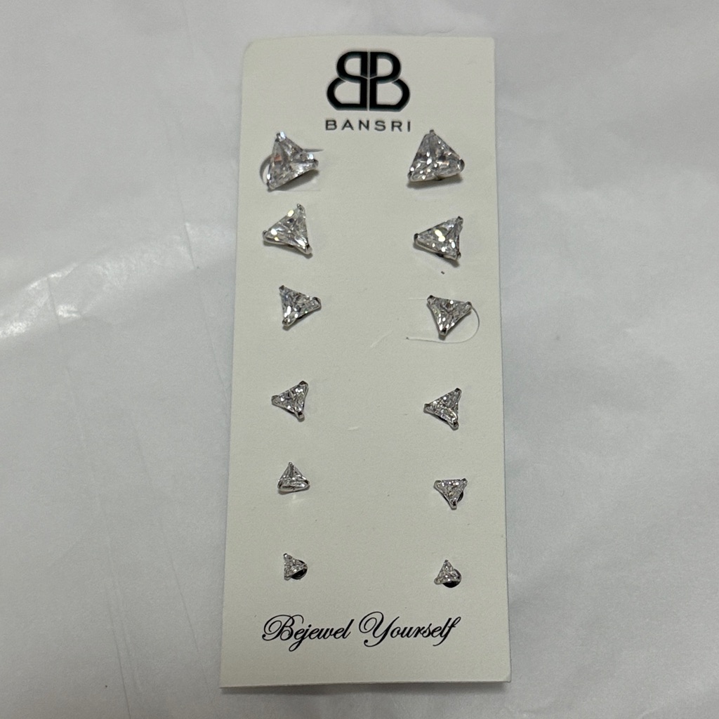 Bansri Set Of 6 Silver Triangle Stud Earrings With Clear Stone